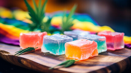 Cannabis jelly candies are beautiful, multi-colored. Selective focus. - obrazy, fototapety, plakaty