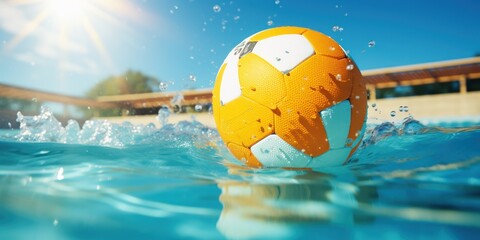 Detailed shot of a water polo ball, pool in the background.