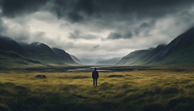 Scenery behind alone one man stand in the middle of the grass surrounded by highland landscape scenery and overcast sky.