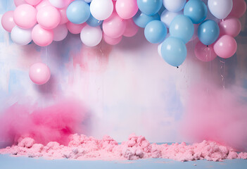 Pink, blue and white balloons, confetti and streamers as a decorations at a gender reveal or a baby shower party. - obrazy, fototapety, plakaty