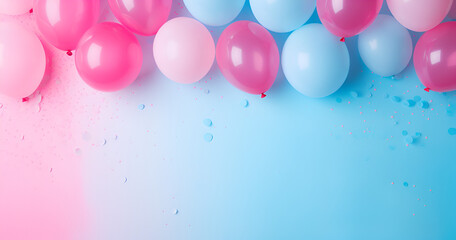 Pink, blue and white balloons, confetti and streamers as a decorations at a gender reveal or a baby shower party.