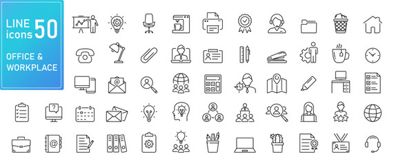 Office and workplace line icons , coworking icons collection. Big UI icon set in a flat design. Thin outline icons pack. Vector illustration, flat design. EPS10 - obrazy, fototapety, plakaty