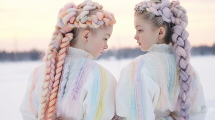 Fototapeta premium Two little girls with long braids in the snow