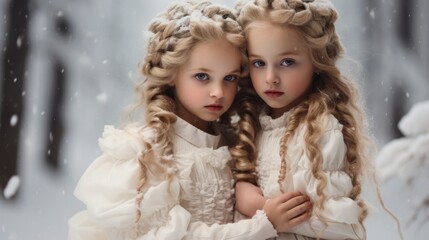 Two little girls with braids are standing in the snow
