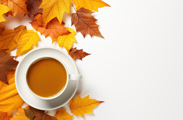 Autumn Coffee Cup Mockup, Coffee Mug on Yellow Autumn Tree Leaves, Hot Drink in Golden Foliage