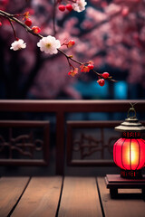 Beautiful Chinese background with lantern and flowers. Selective focus.