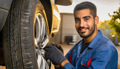 Fototapeta na wymiar Happy Caucasian Mechanic Performing Car Maintenance and Repair Services