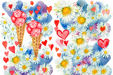 Fototapeta na wymiar Card with icecreams, hearts and daisies for Valentine's Day