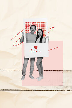Vertical artwork collage poster happy joyful couple standing hold huge photo picture frame love relationship drawing background