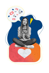 Vertical collage creative illustration dreamy lovely young woman think idea cloud like thumb...