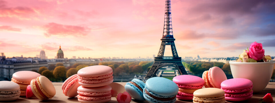 Macarons with the Eiffel Tower in the background. Selective focus.