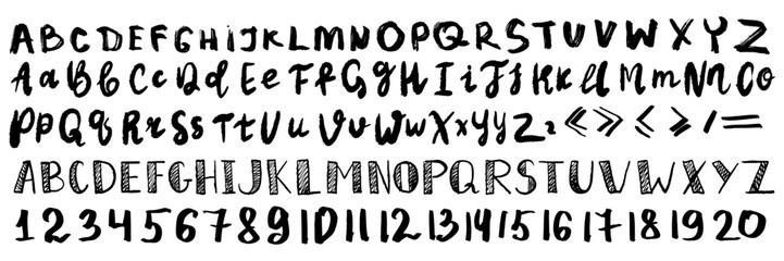 Doodle hand drawn alphabet, vector sketch cartoon font collection, child abc typography print kit. Comic freehand grunge texture type, kid school funny calligraphy line numbers. Cute doodle alphabet  - obrazy, fototapety, plakaty