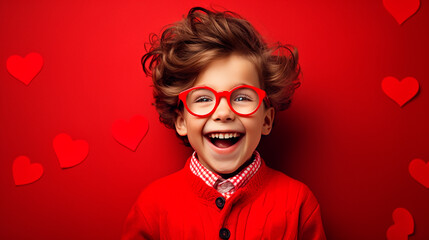 Children in red with hearts for Valentine's Day. Selective focus. - obrazy, fototapety, plakaty