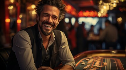 An man plays treasury with a smile on his face. Man at the gaming table - obrazy, fototapety, plakaty