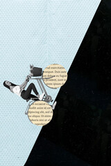 Collage picture artwork of positive funky lady climbing mountain riding upwards bicycle just...
