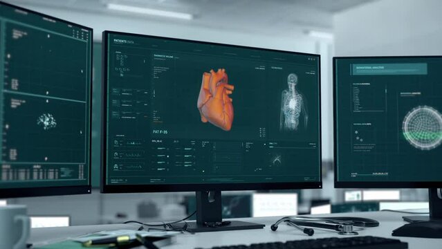 Anatomical x-ray analysis system looking for disease in the organs. Anatomical x-ray scanner detects Cardiac Ischemia disease in a heart. Modern Anatomical x-ray scanner studies the disease symptoms.