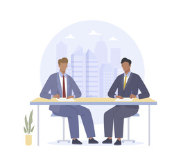 Two businessmen signing a contract sitting at a table. Business concept of successfully meeting, partnership