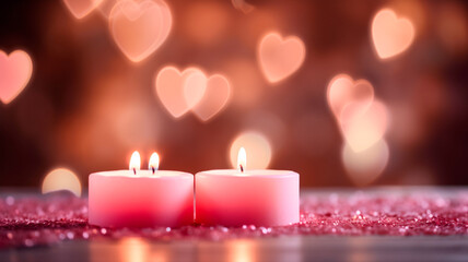Obraz na płótnie Canvas candles with heart and blurred bokeh lights background. valentine 's day