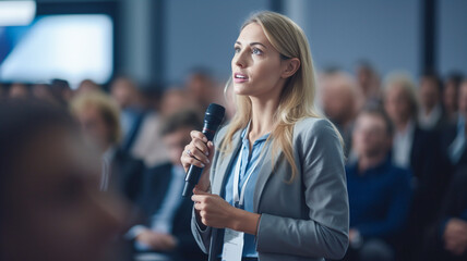 Confident businesswoman delivering a corporate presentation at a seminar or conference.

