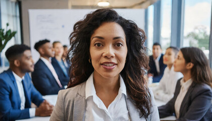 Fototapeta premium Confident Female Businesswoman Leading Successful Team in Office