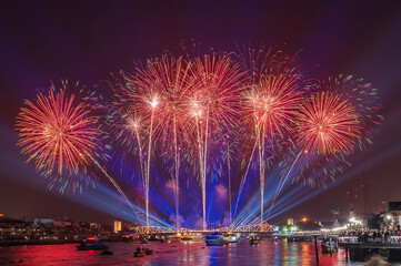 Beautiful fireworks and iconic Bangkok landmarks are illuminated during the Vijit Chao Phraya.