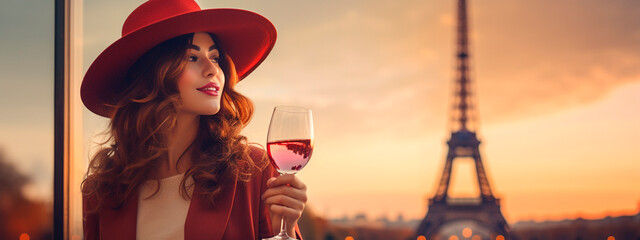 Woman in Paris with a glass of wine. Selective focus. drink. - obrazy, fototapety, plakaty