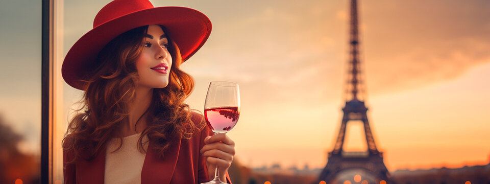 Woman in Paris with a glass of wine. Selective focus. drink.