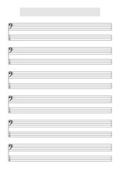 Blank Bass guitar or Ukulele (4 strings) tablature with music score staff (F Clef) sheet template to write music. Printable A4 format in portrait mode with a song title and artist name block