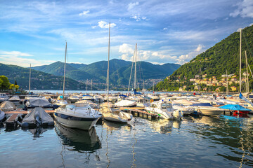 Fototapeta na wymiar Town of Como waterfront and marina view, Como Lake
