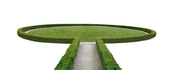  path with green hedges leading to the circle-shaped grass field. isolated png