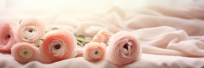 Gentle Ranunculus Murmurs on Burlap Fabric Pastel Peach and Neutral Beige Palette for Valentines Day Background Concept