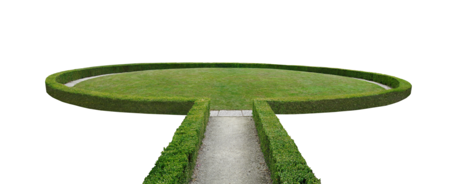  path with green hedges leading to the circle-shaped grass field. isolated png