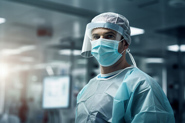 Fototapeta na wymiar Portrait of a surgeon in a hospital, a medical specialist leading a health procedure in a lab