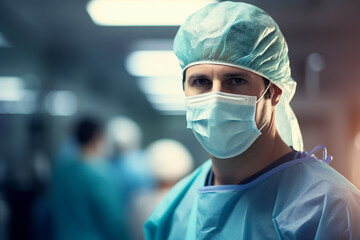 Portrait of a surgeon in a hospital, a man in surgical attire overseeing a medical care operation - obrazy, fototapety, plakaty
