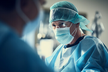 Surgeon in a medical hospital, operation room, conducting a surgical procedure. - obrazy, fototapety, plakaty