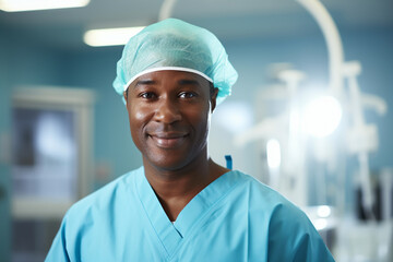 Hospital surgery, an African American surgeon leading a medical procedure.