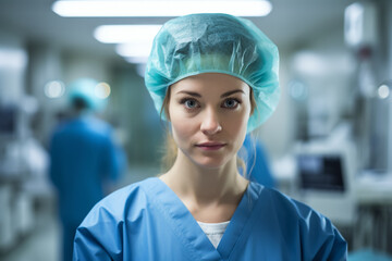 Surgical specialist, woman in uniform, hospital portrait during a plastic surgery operation - obrazy, fototapety, plakaty