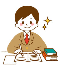 勉強をしている男子学生。