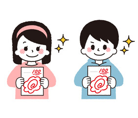 テストの結果。100点をとる子供。
