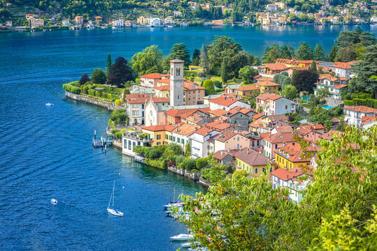 Town of Torno on Como lake aerial view