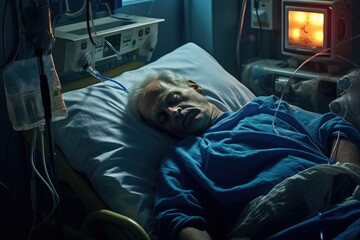 Patient with life saving equipment for treatment in ICU at the hospital, emergency health care hospital ward Ai generated