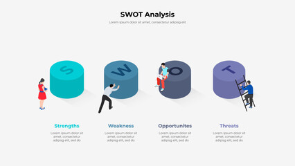Isometric cylinders with SWOT letters and characters. Strength, weakness, opportunity and threat design
