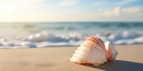 Close-up of a seashell with the beach softly focused in the back.