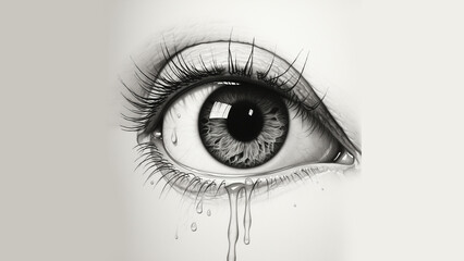 black and white pencil drawing of a crying eye - obrazy, fototapety, plakaty