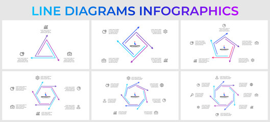 Outline infographic diagrams set with 3, 4, 5, 6, 7 and 8 options, steps or processes