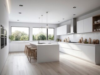 Modern new light interior of kitchen with white furniture and dining table