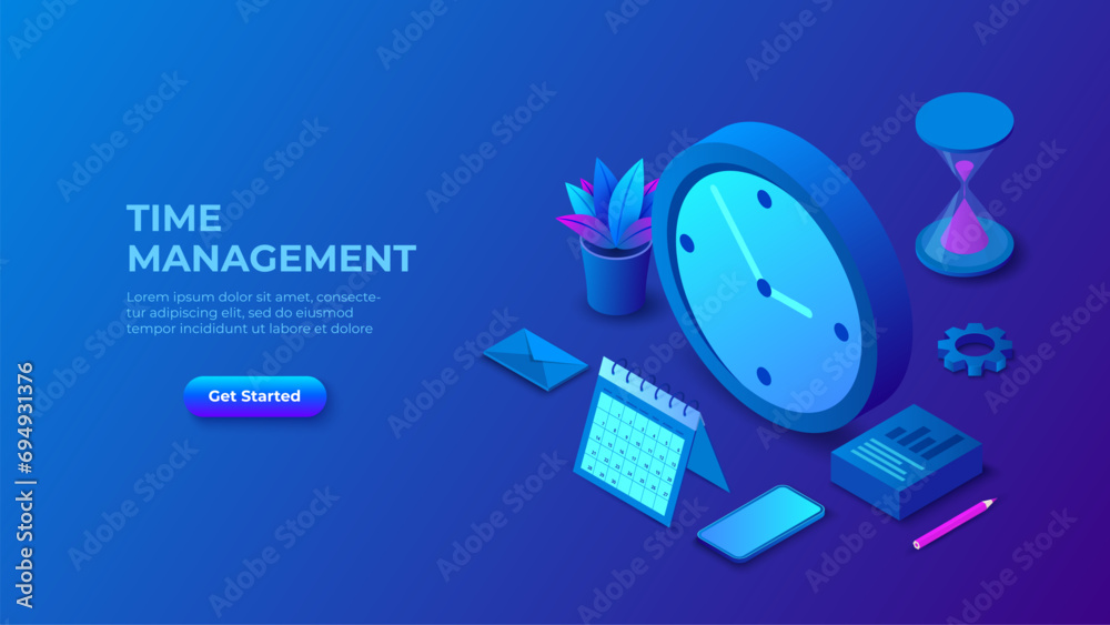 Poster isometric time management banner on the dark backgrounds. work schedule optimization concept