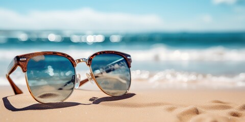 Fototapeta na wymiar A pair of sunglasses with beach scene in the back.