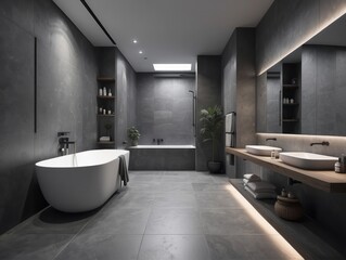 Spacious bathroom in gray tones with heated floors