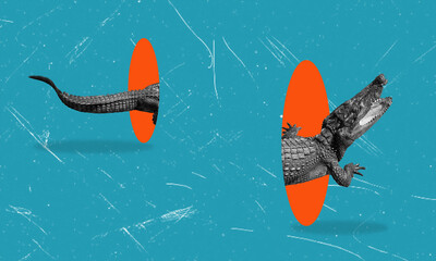 Art collage, crocodile on blue background with oranje circle teleport.